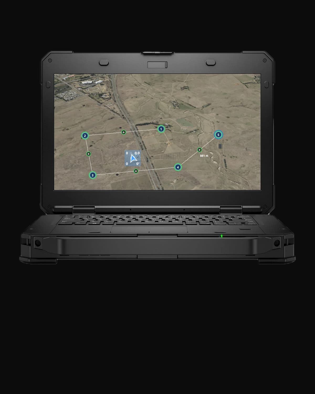 Juno on a rugged laptop: a five waypoint mission route over farmland with the aircraft's heading