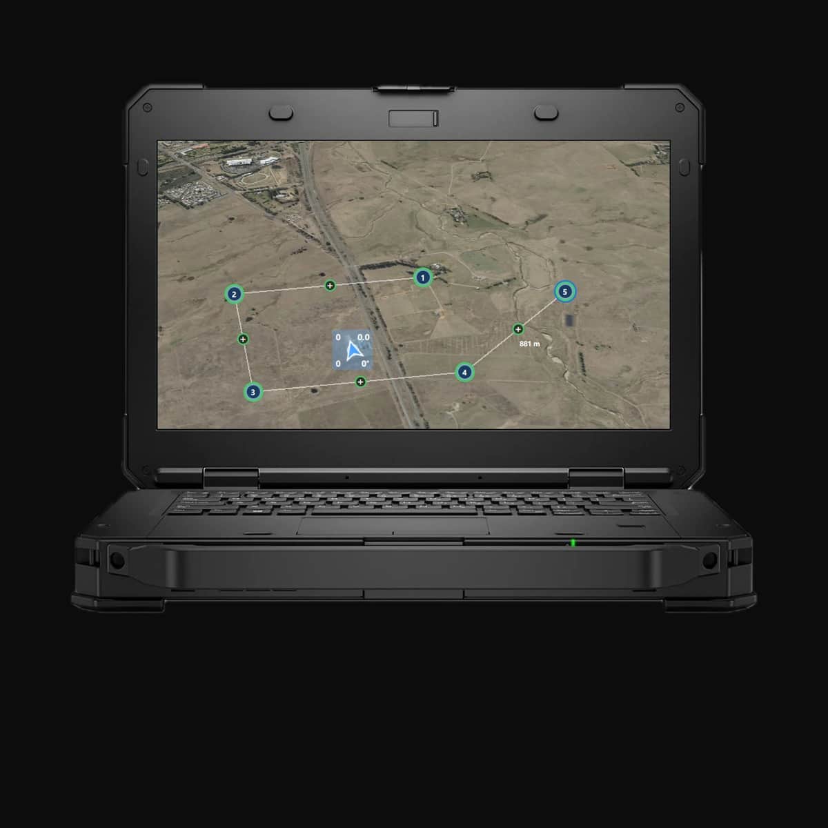 Juno on a rugged laptop: a five waypoint mission route over farmland with the aircraft's heading