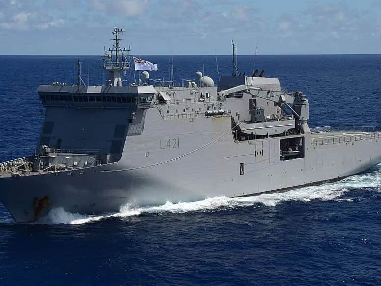 The Royal New Zealand Navy multi-role vessel HMNZS Canterbury, pennant L421, under way on open water