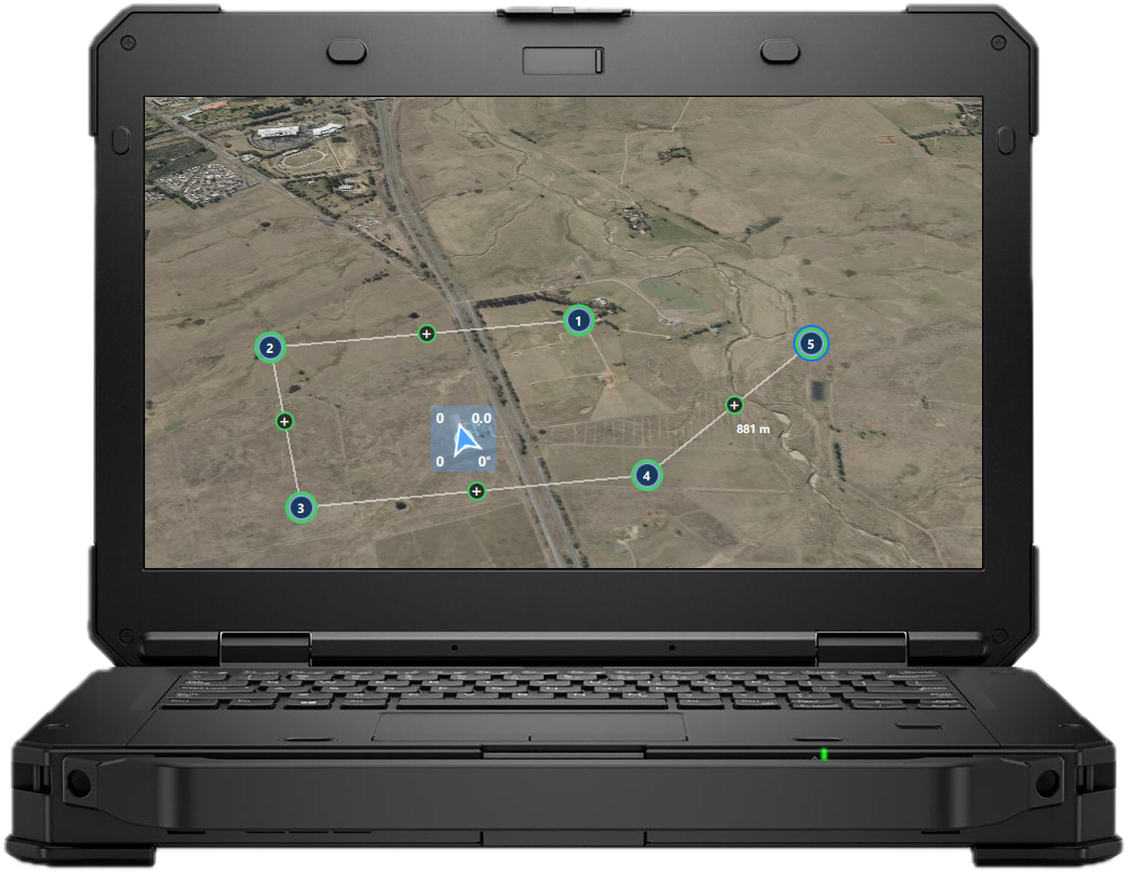 Juno on a rugged laptop: a mission map with a five waypoint route over farmland and the aircraft's heading
